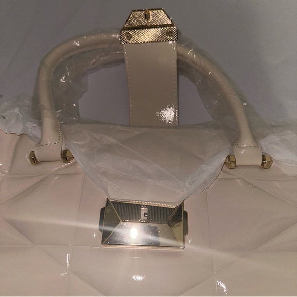 Ivory Faux Patent Leather Convertible Top Handle Swing Bag - Picture 11 of 12